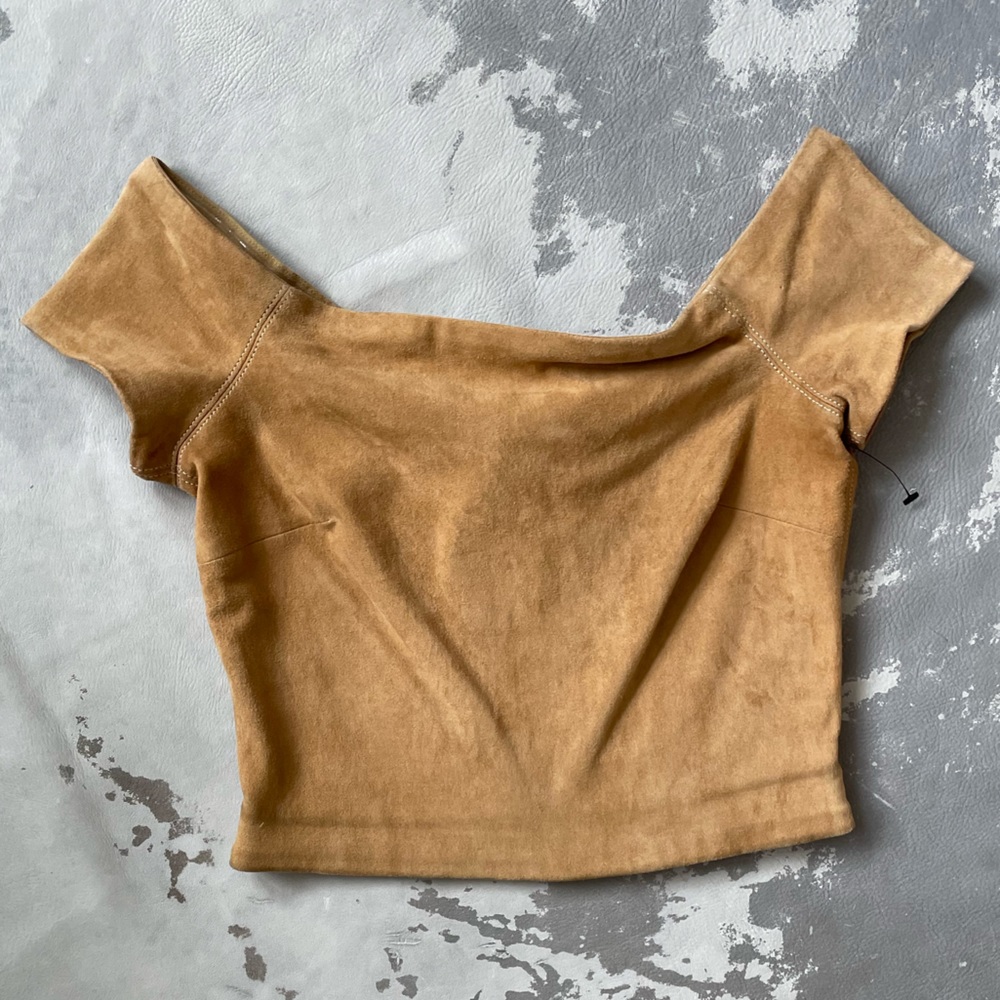 $598 Alice & Olivia NWOT new brown suede off the shoulder crop top leather sz 2